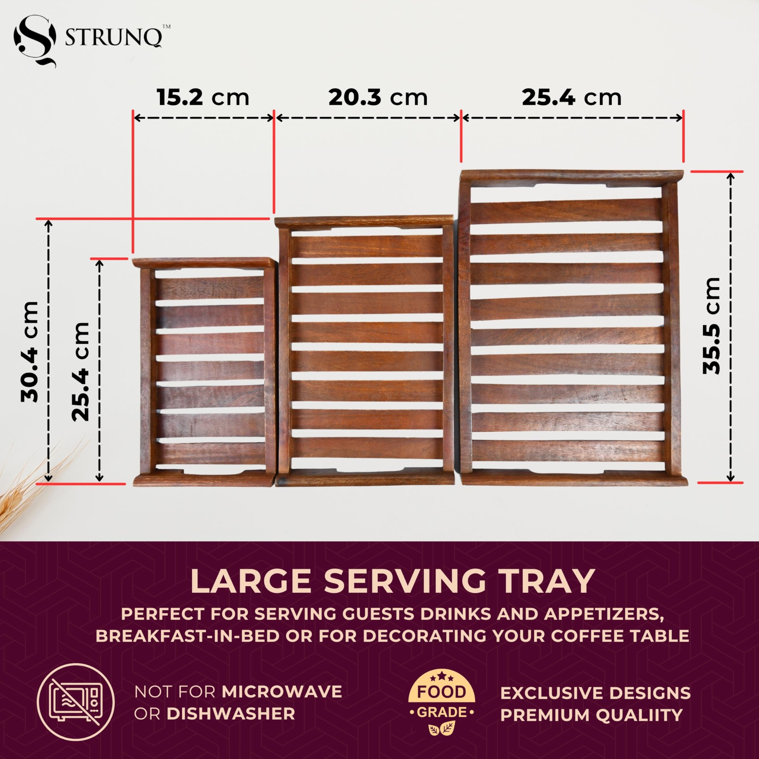 Strunq Wooden Tray Set For Serving, Serving Tray Set Of 3  Wooden Trays With Handles In Large, Medium & Small, Perfect For Coffe